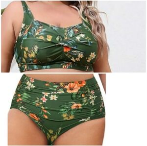 Green Floral Print Two Piece Bikini Swimsuit Plus Size 14/16w